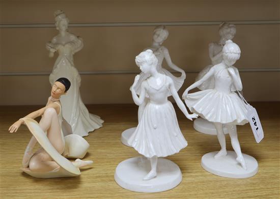 An Art of Movement figure of a ballerina and five Coalport figures,